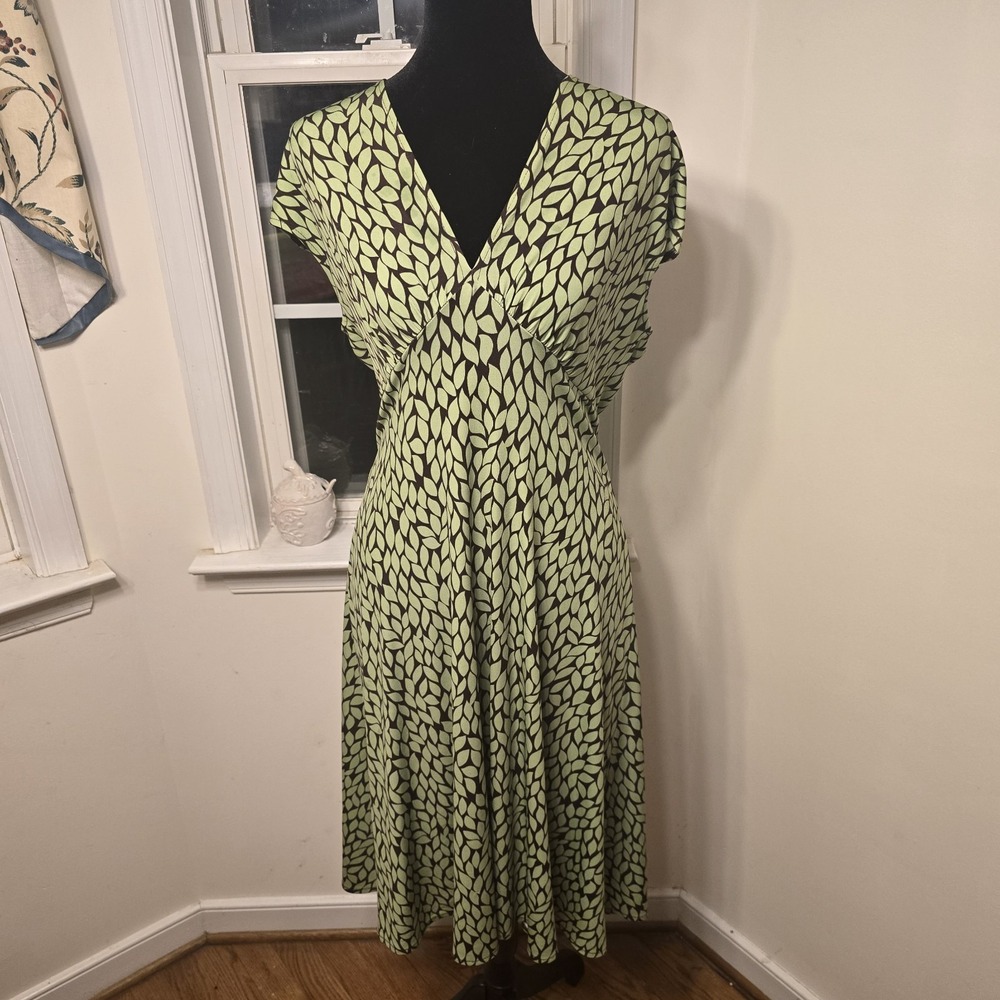 London Style Womens Green Brown Leaf Print V-Neck Midi Dress Size‎ 10